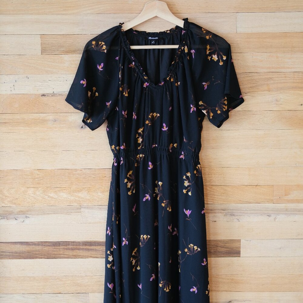 Madewell Georgette V Neck Midi Dress in Black Fresia Floral
